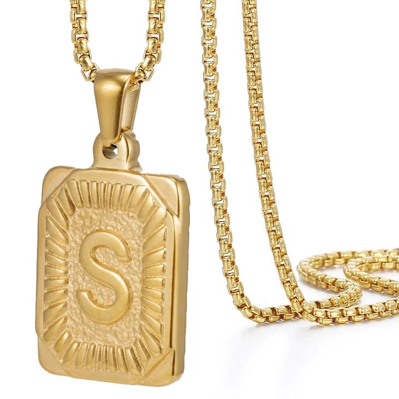 Gold Initial Necklace with Textured Rectangle Pendant – Personalized Stainless Steel Jewelry for Women