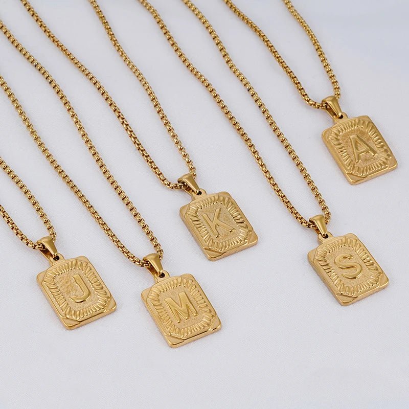 Gold Initial Necklace with Textured Rectangle Pendant – Personalized Stainless Steel Jewelry for Women