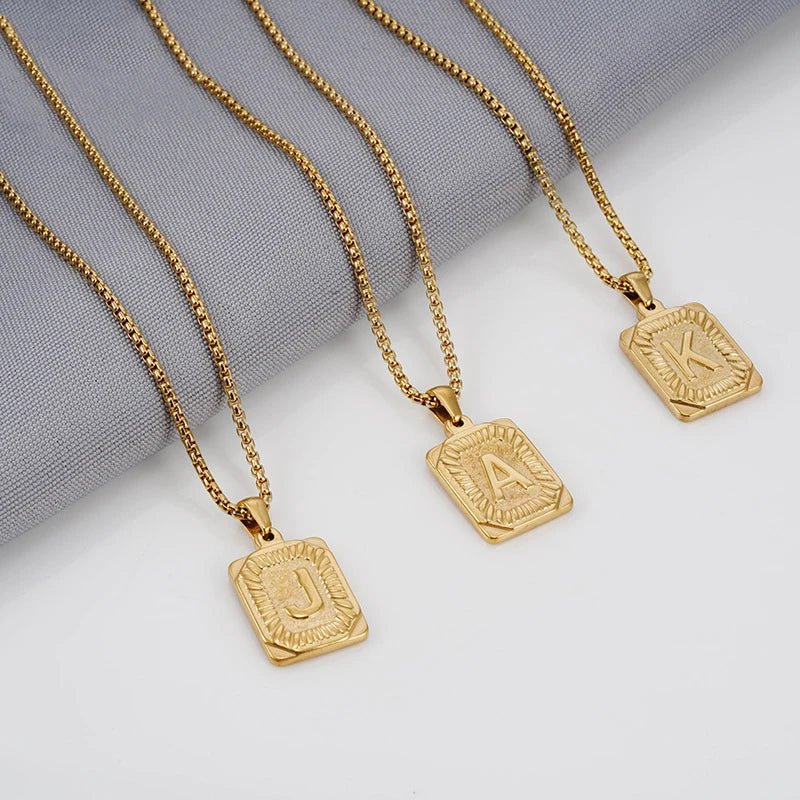 Gold Initial Necklace with Textured Rectangle Pendant – Personalized Stainless Steel Jewelry for Women