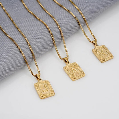 Gold Initial Necklace with Textured Rectangle Pendant – Personalized Stainless Steel Jewelry for Women