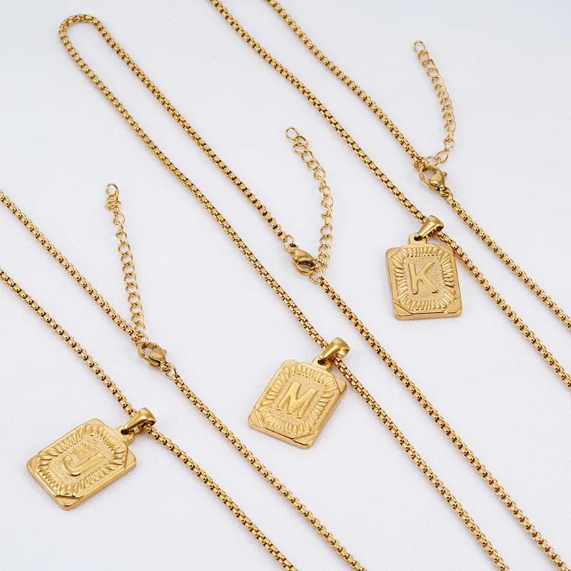 Gold Initial Necklace with Textured Rectangle Pendant – Personalized Stainless Steel Jewelry for Women