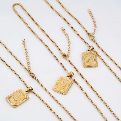Gold Initial Necklace with Textured Rectangle Pendant – Personalized Stainless Steel Jewelry for Women