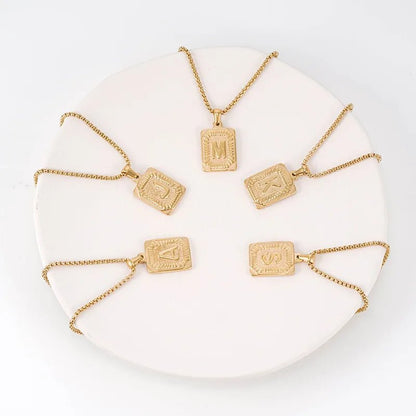 Gold Initial Necklace with Textured Rectangle Pendant – Personalized Stainless Steel Jewelry for Women