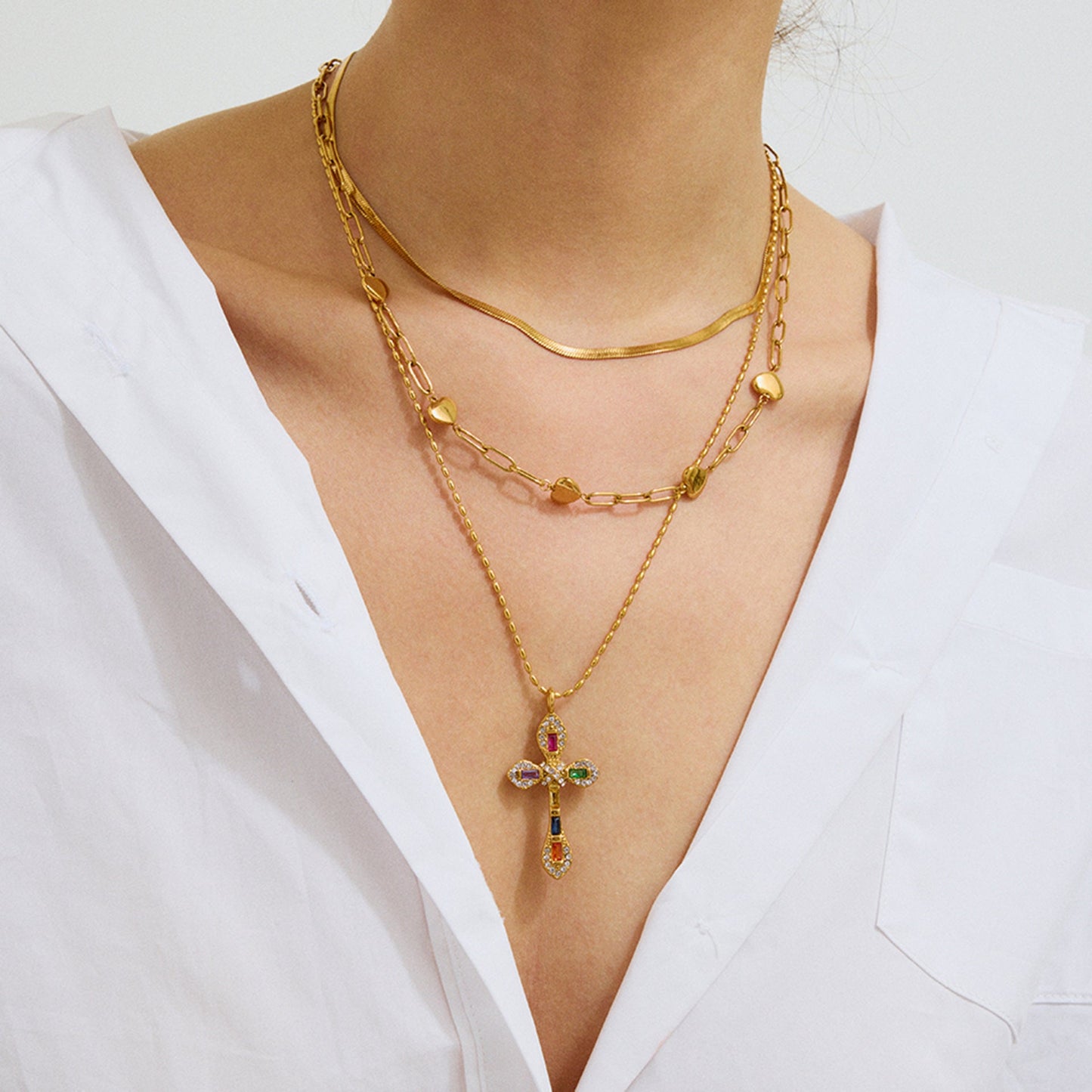 Gold Plated Diamond Crucifix Necklace for Women – Hypoallergenic Stainless Steel, 16-Inch with 2-Inch Extension 1