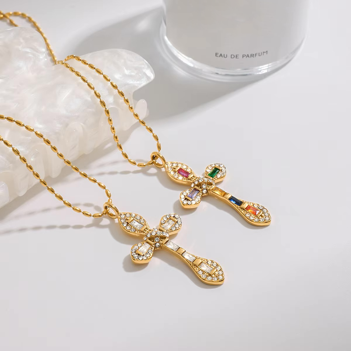 Gold Plated Diamond Crucifix Necklace for Women – Hypoallergenic Stainless Steel, 16-Inch with 2-Inch Extension 2