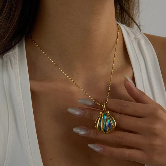 Gold Seashell Pendant Necklace with Opal Shimmer – Waterproof, Hypoallergenic Stainless Steel Jewelry for Women, 18-Inch Length 1