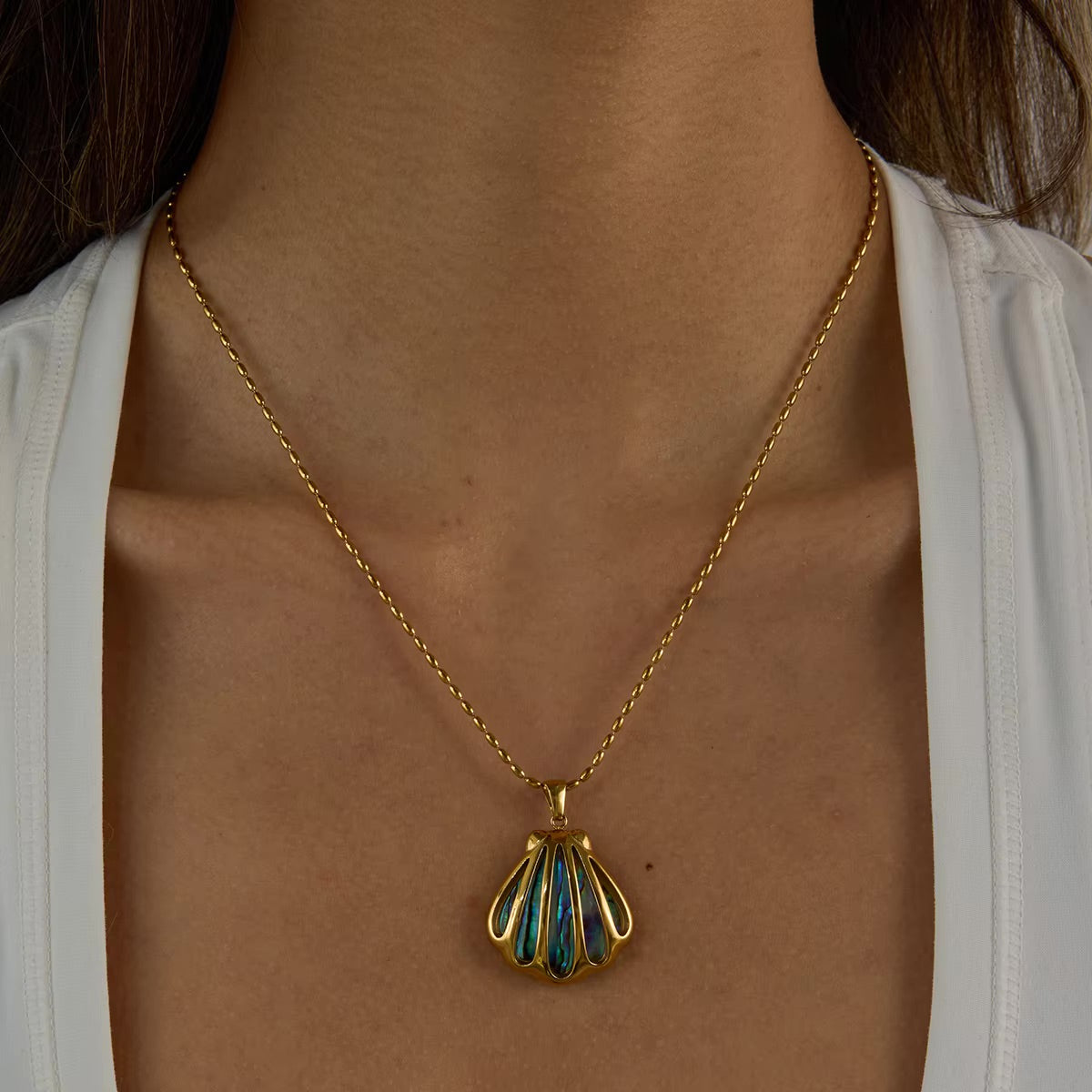 Gold Seashell Pendant Necklace with Opal Shimmer – Waterproof, Hypoallergenic Stainless Steel Jewelry for Women, 18-Inch Length 5