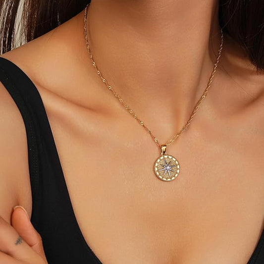 Gold Star Pendant Necklace with Textured Design – Waterproof, Hypoallergenic Stainless Steel, 16-Inch Length 1