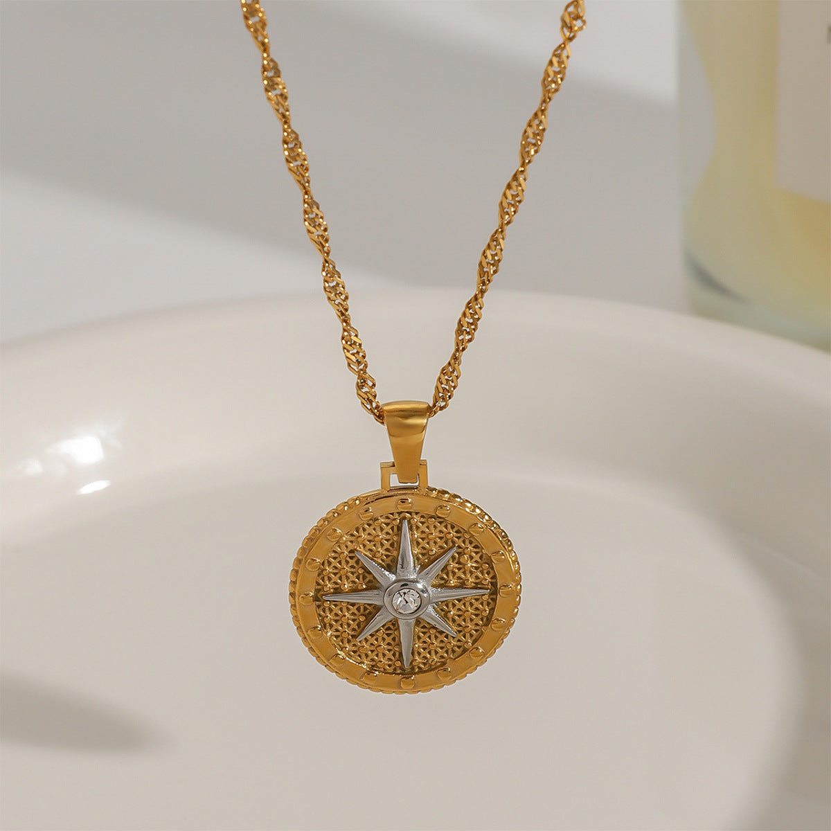Gold Star Pendant Necklace with Textured Design – Waterproof, Hypoallergenic Stainless Steel, 16-Inch Length 2