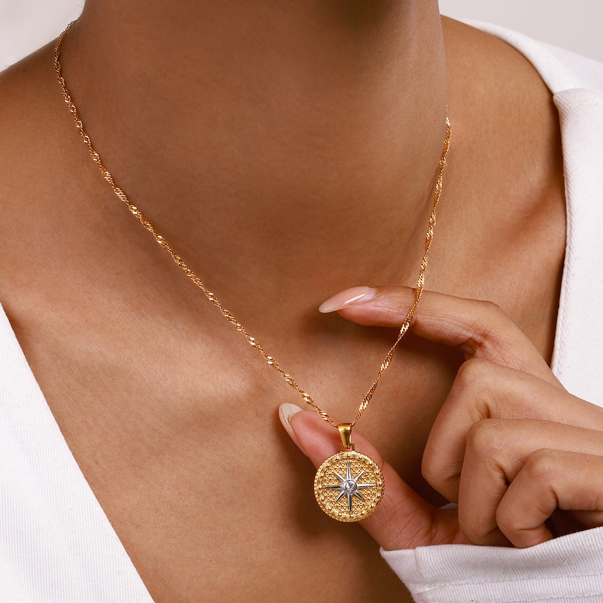 Gold Star Pendant Necklace with Textured Design – Waterproof, Hypoallergenic Stainless Steel, 16-Inch Length 3