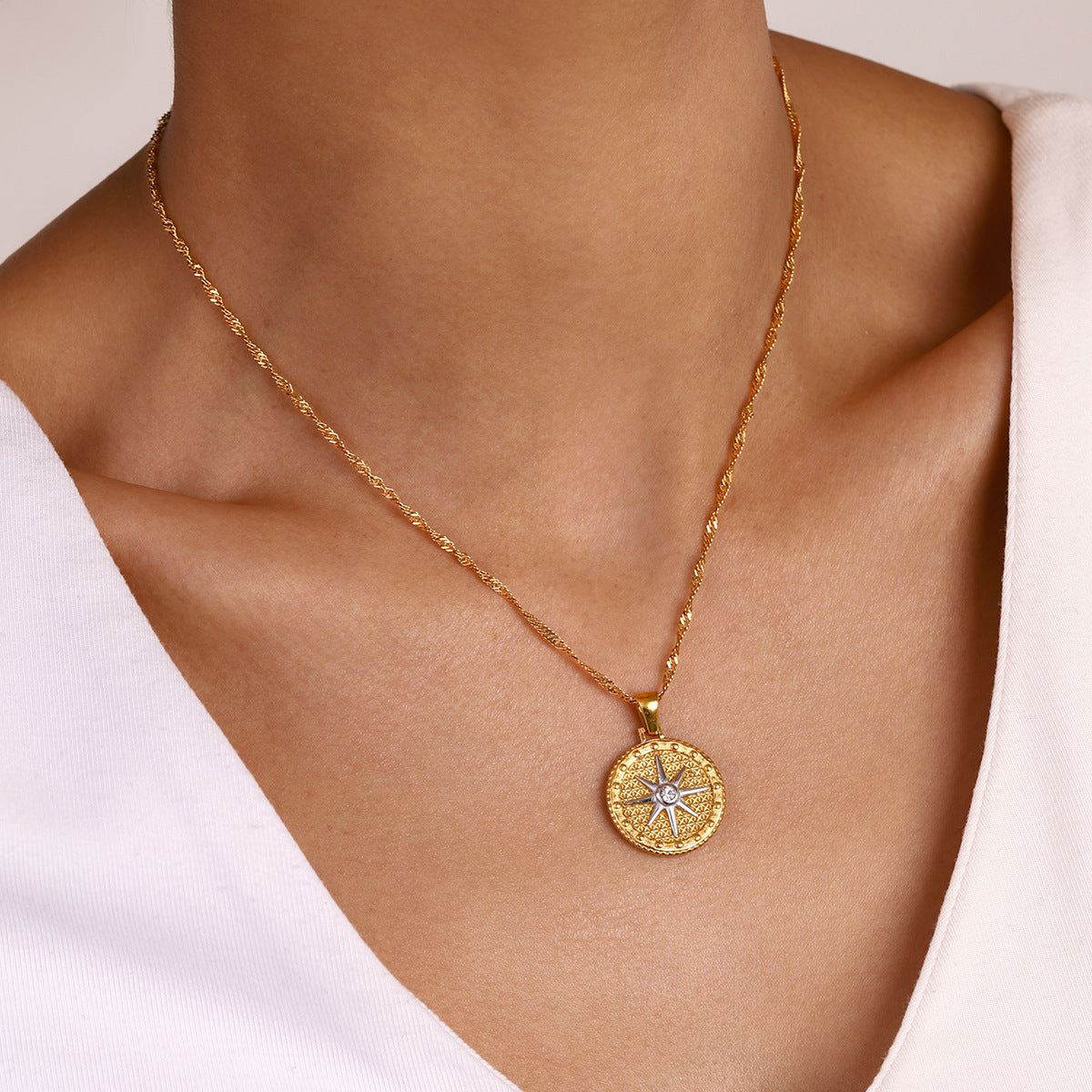 Gold Star Pendant Necklace with Textured Design – Waterproof, Hypoallergenic Stainless Steel, 16-Inch Length 4