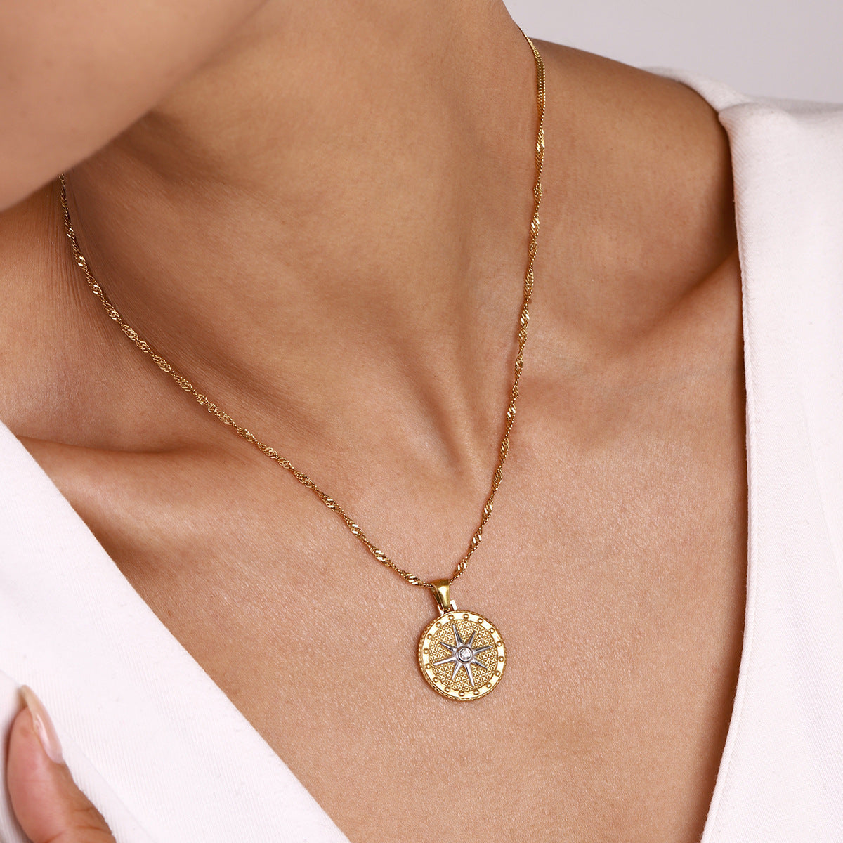 Gold Star Pendant Necklace with Textured Design – Waterproof, Hypoallergenic Stainless Steel, 16-Inch Length 6