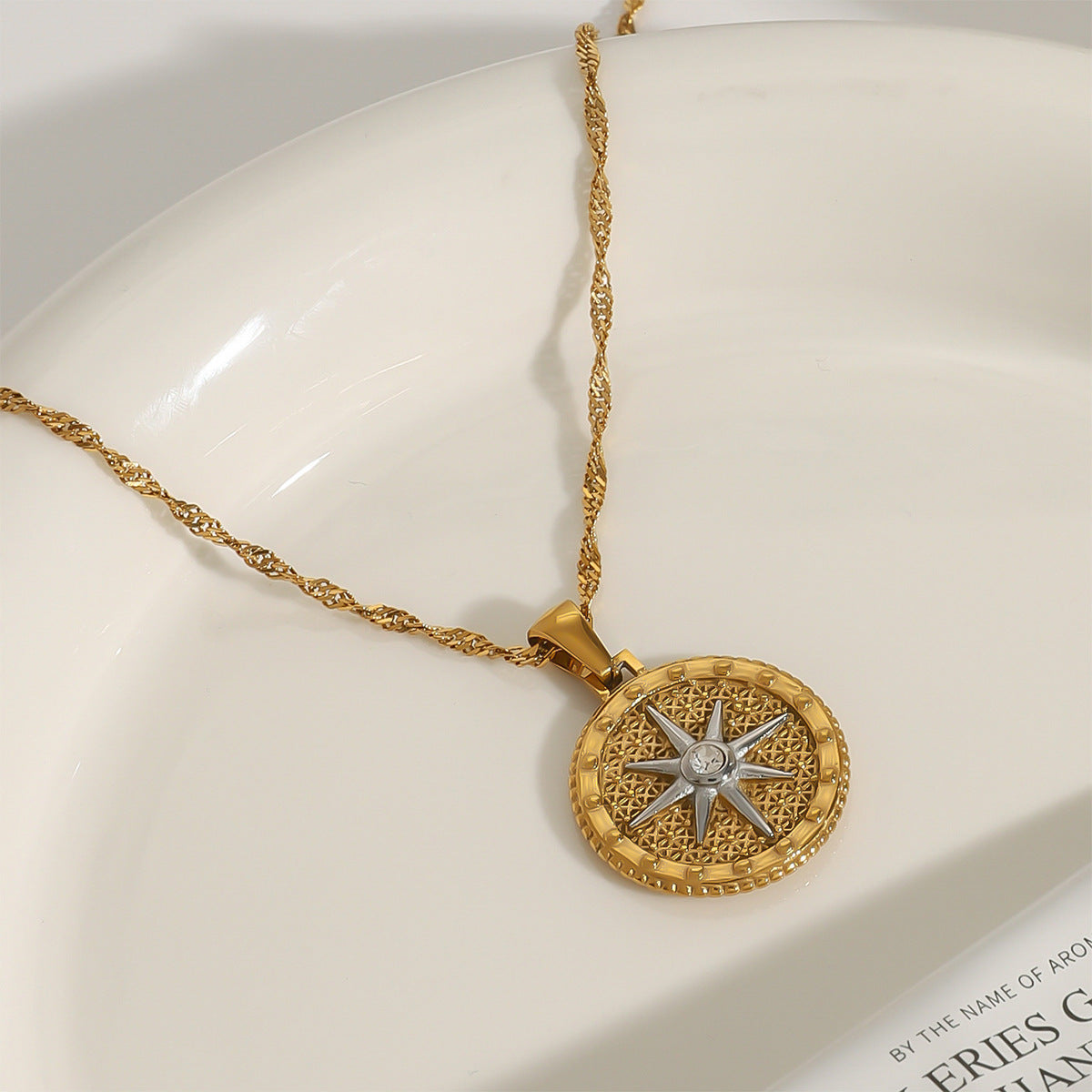 Gold Star Pendant Necklace with Textured Design – Waterproof, Hypoallergenic Stainless Steel, 16-Inch Length 7