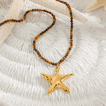 Gold Starfish Pendant Necklace with Earthy Beads – Waterproof, Hypoallergenic Jewelry for Women, 16-Inch Adjustable Length 2