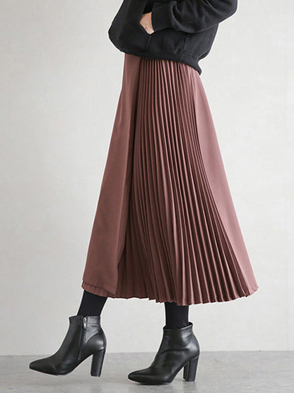 Women's Pleated A-Line Midi Skirt in Burgudy - product view | Hensley London