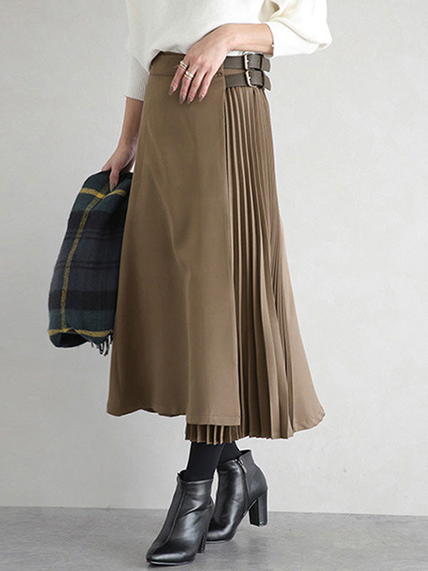 Women's Pleated A-Line Midi Skirt in Brown - product view | Hensley London