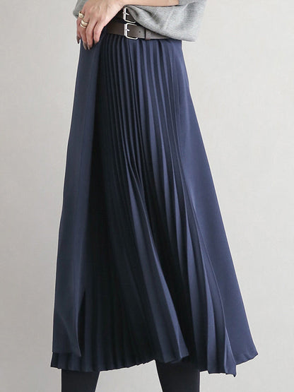 Women's Pleated A-Line Midi Skirt in Navy Blue - product view | Hensley London
