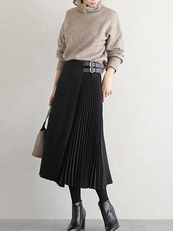 Women's Pleated A-Line Midi Skirt in Black - product view | Hensley London