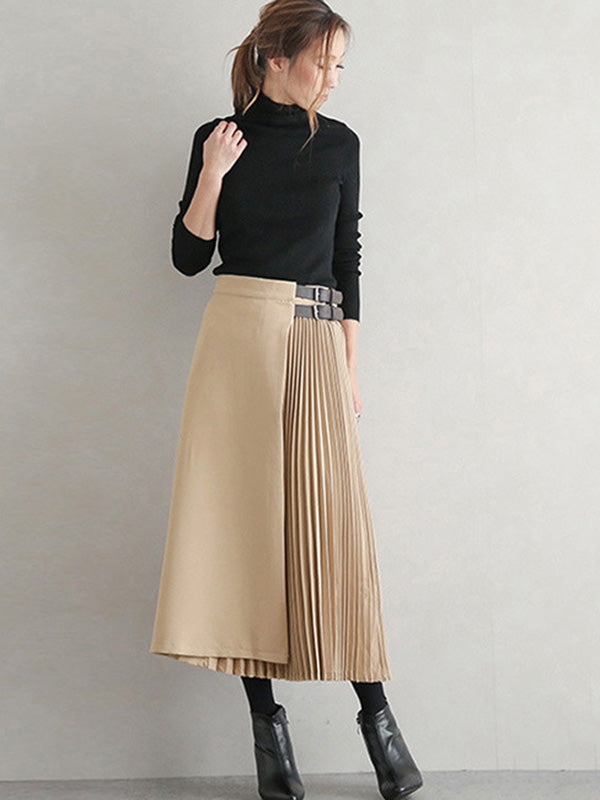 Women's Pleated A-Line Midi Skirt in Beige - product view | Hensley London