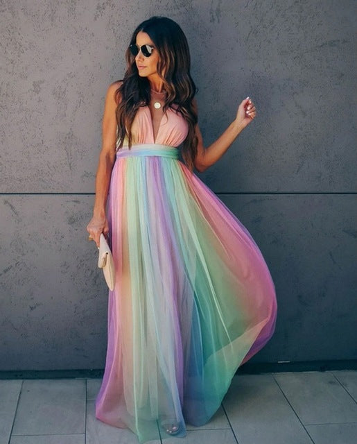 Women's Halter Dress Rainbow Gradient Spaghetti Strap Polyester-1