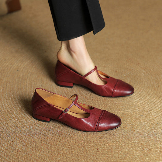 Women's Genuine Leather T-Strap Brogue Flats - front view | Hensley London