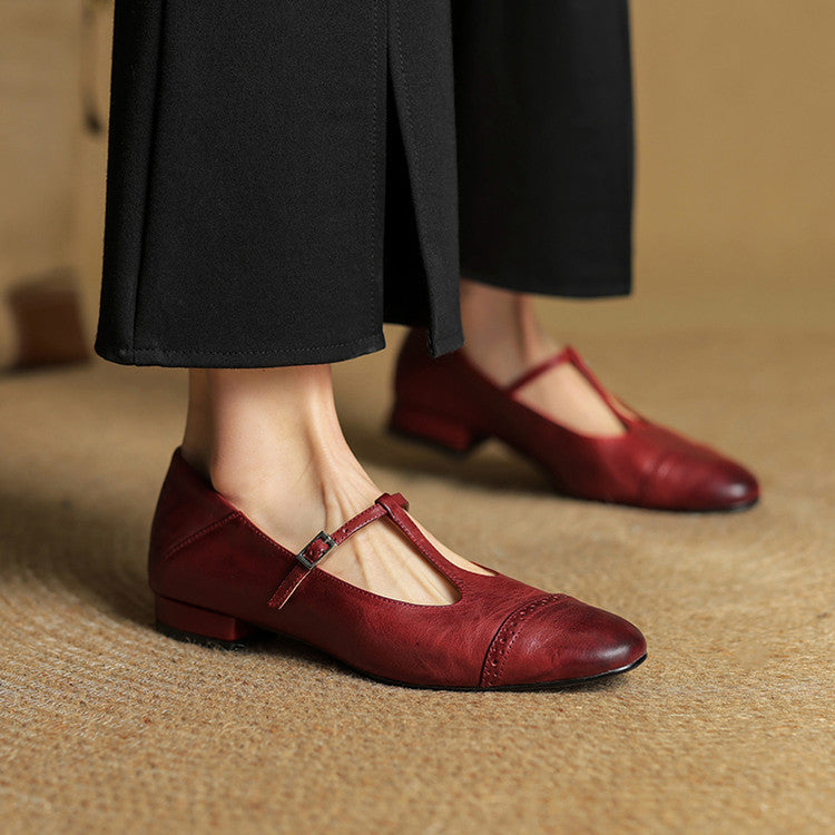 Women's Genuine Leather T-Strap Brogue Flats - product view | Hensley London