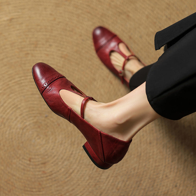 Women's Genuine Leather T-Strap Brogue Flats - product view | Hensley London