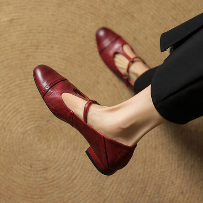 Women's Genuine Leather T-Strap Brogue Flats - product view | Hensley London
