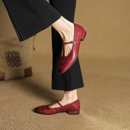 Women's Genuine Leather T-Strap Brogue Flats - product view | Hensley London