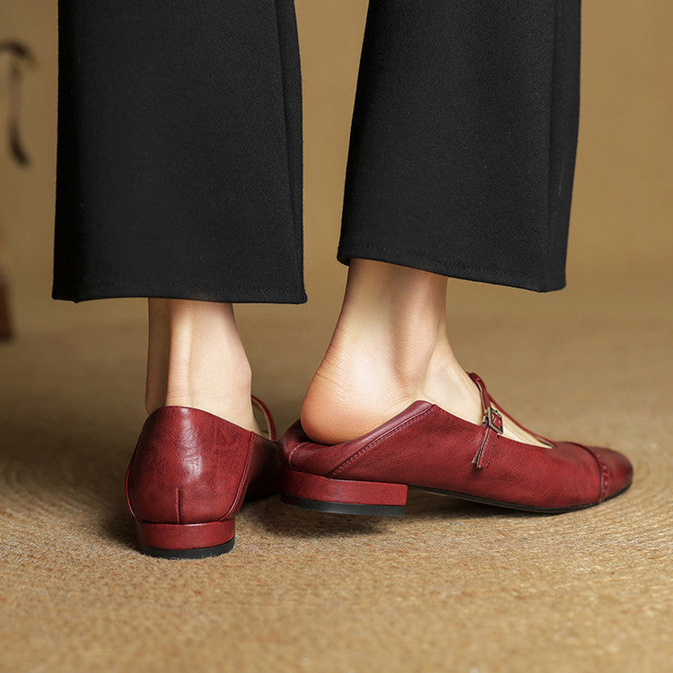 Women's Genuine Leather T-Strap Brogue Flats - product view | Hensley London