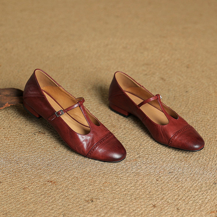 Women's Genuine Leather T-Strap Brogue Flats - product view | Hensley London