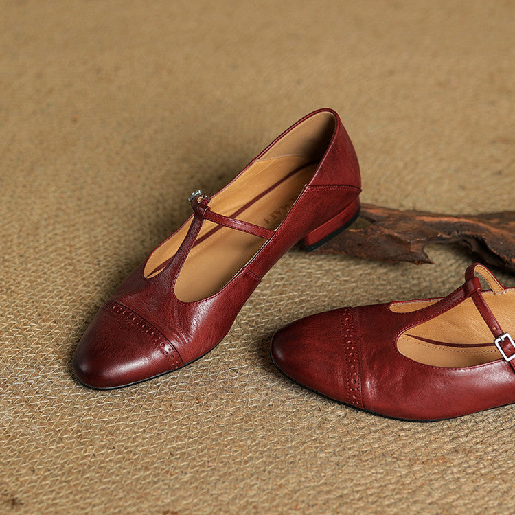 Women's Genuine Leather T-Strap Brogue Flats - detail view | Hensley London