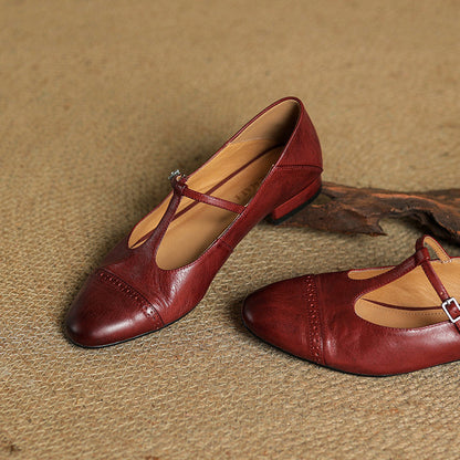 Women's Genuine Leather T-Strap Brogue Flats - detail view | Hensley London