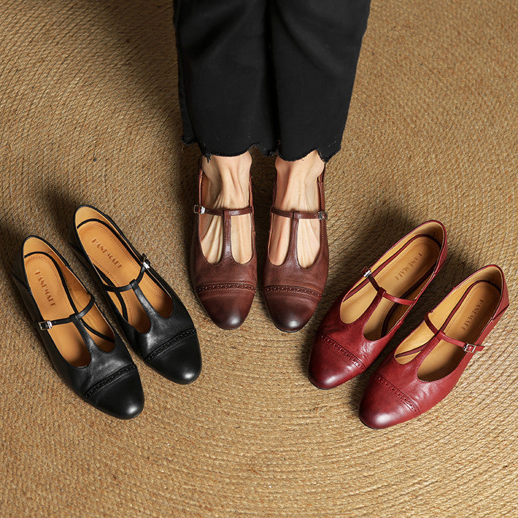 Women's Genuine Leather T-Strap Brogue Flats - detail view | Hensley London