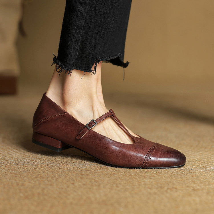 Women's Genuine Leather T-Strap Brogue Flats - side view | Hensley London