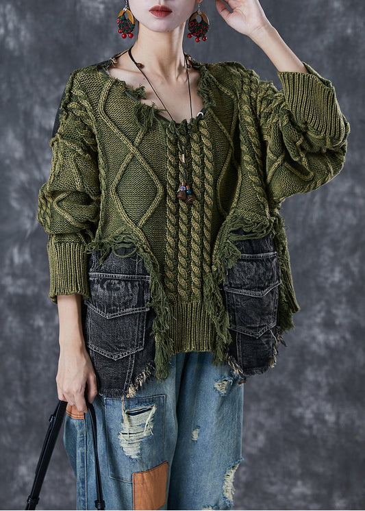 Women's Sweater Green Knit Denim Ripped Asymmetrical - 1