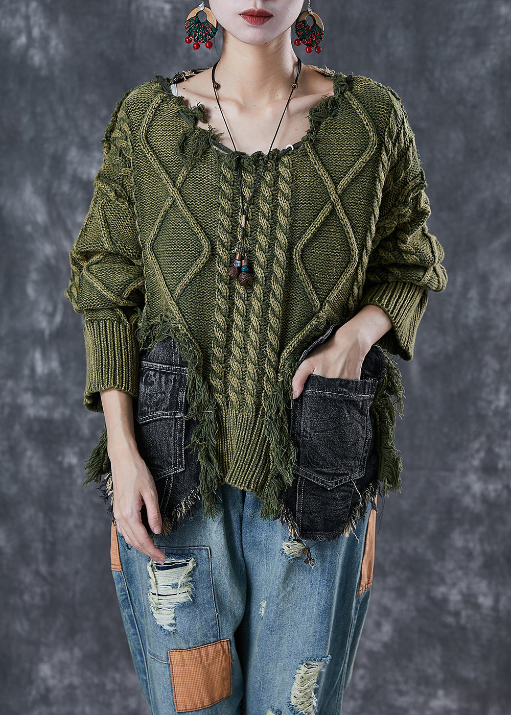 Women's Sweater Green Knit Denim Ripped Asymmetrical - 2