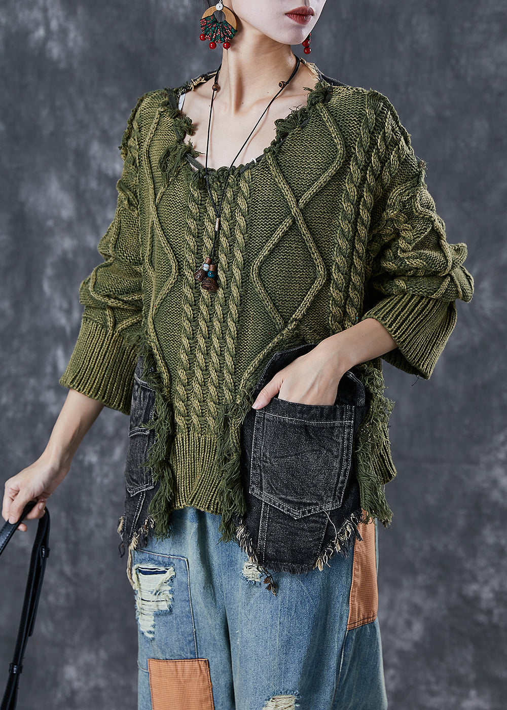 Women's Sweater Green Knit Denim Ripped Asymmetrical - 3