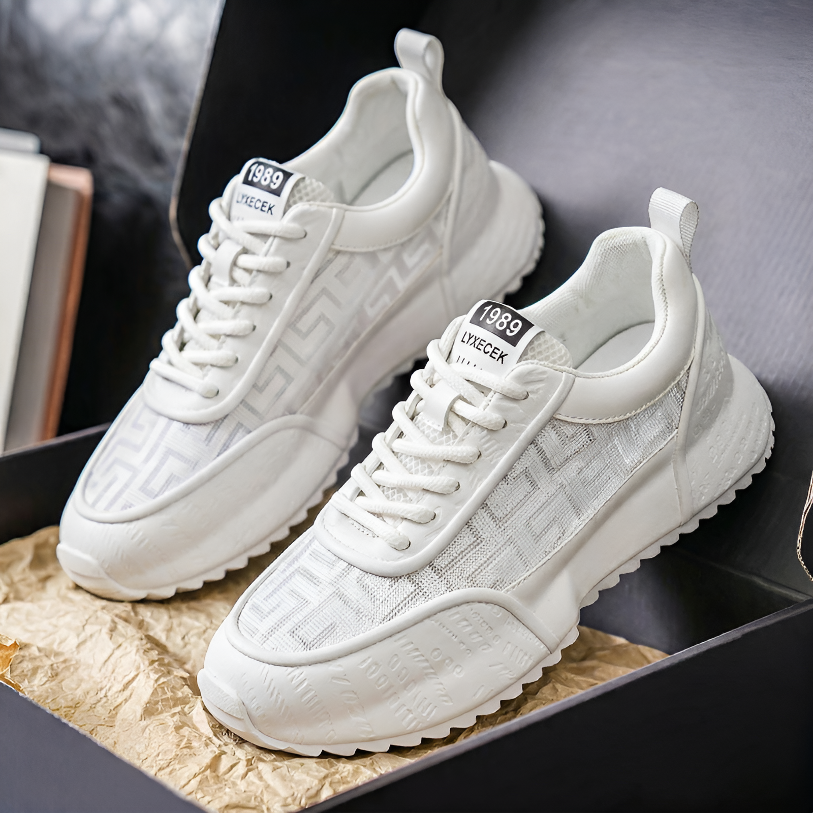 Men's Leather & Mesh Chunky Running Sneakers – product view | Hensley London