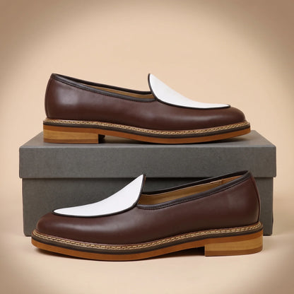 Men's Woven Contrast-Trim Loafers in Brown White – product view | Hensley London