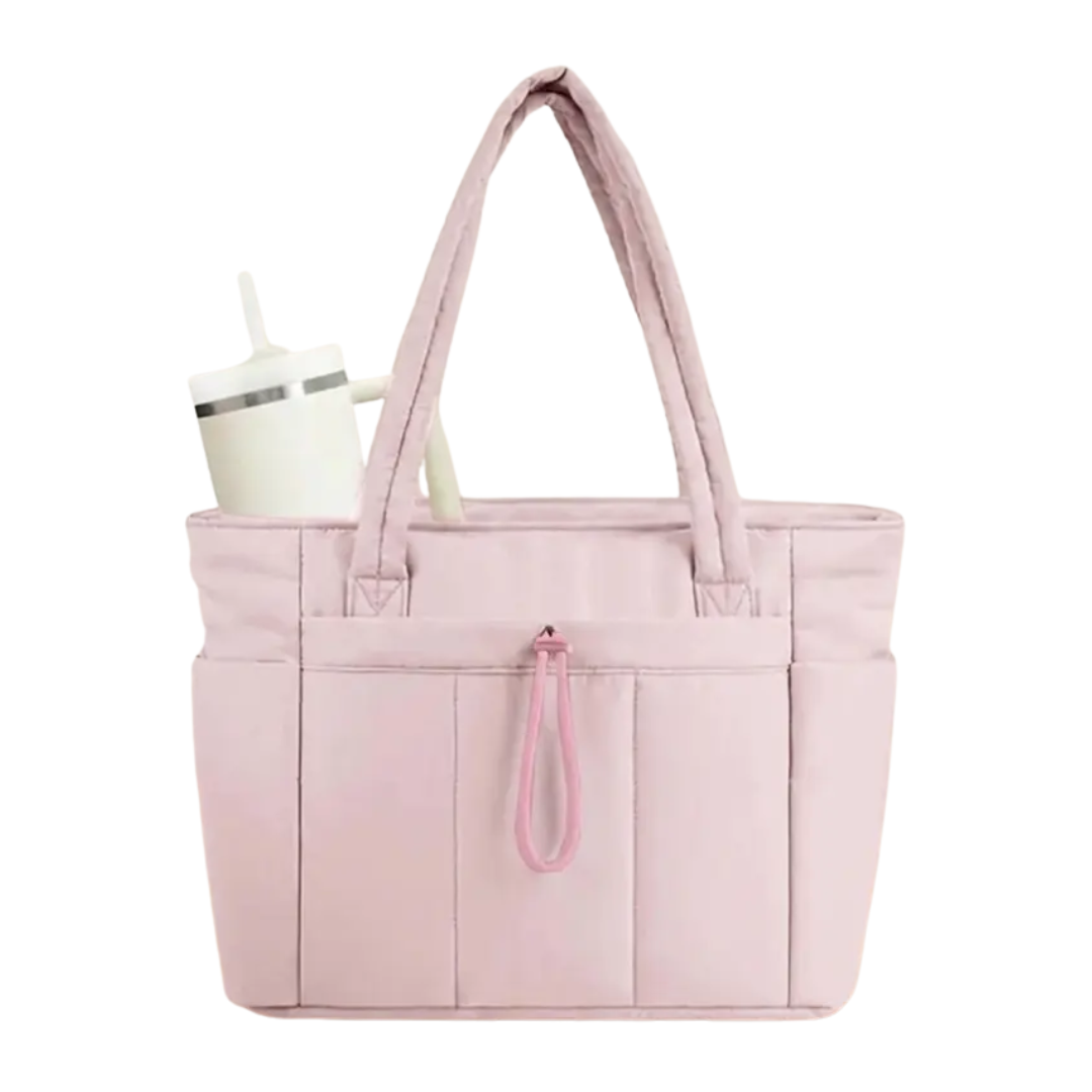 Women's Quilted Large-Capacity Tote Bag in Pink – front view | Hensley London