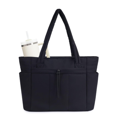 Women's Quilted Large-Capacity Tote Bag in Black – front view | Hensley London