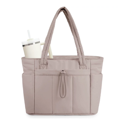 Women's Quilted Large-Capacity Tote Bag in Khaki – front view | Hensley London