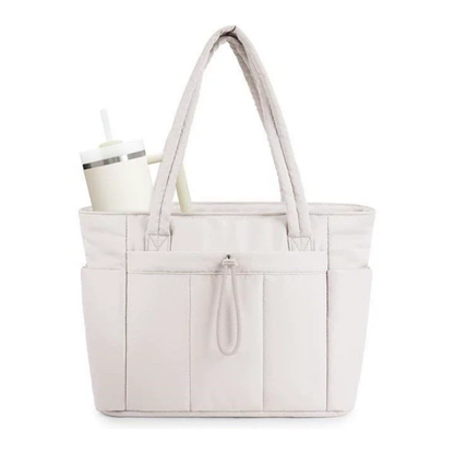Women's Quilted Large-Capacity Tote Bag in Off-White – front view | Hensley London