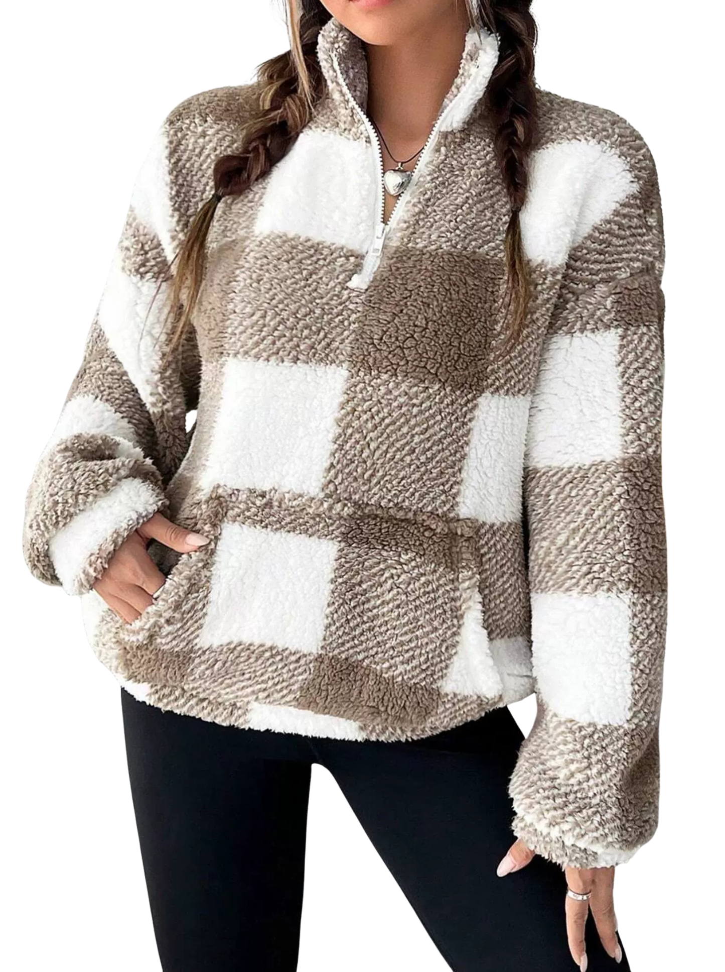 Women's Plaid Half-Zip Pullover in Khaki – front view | Hensley London