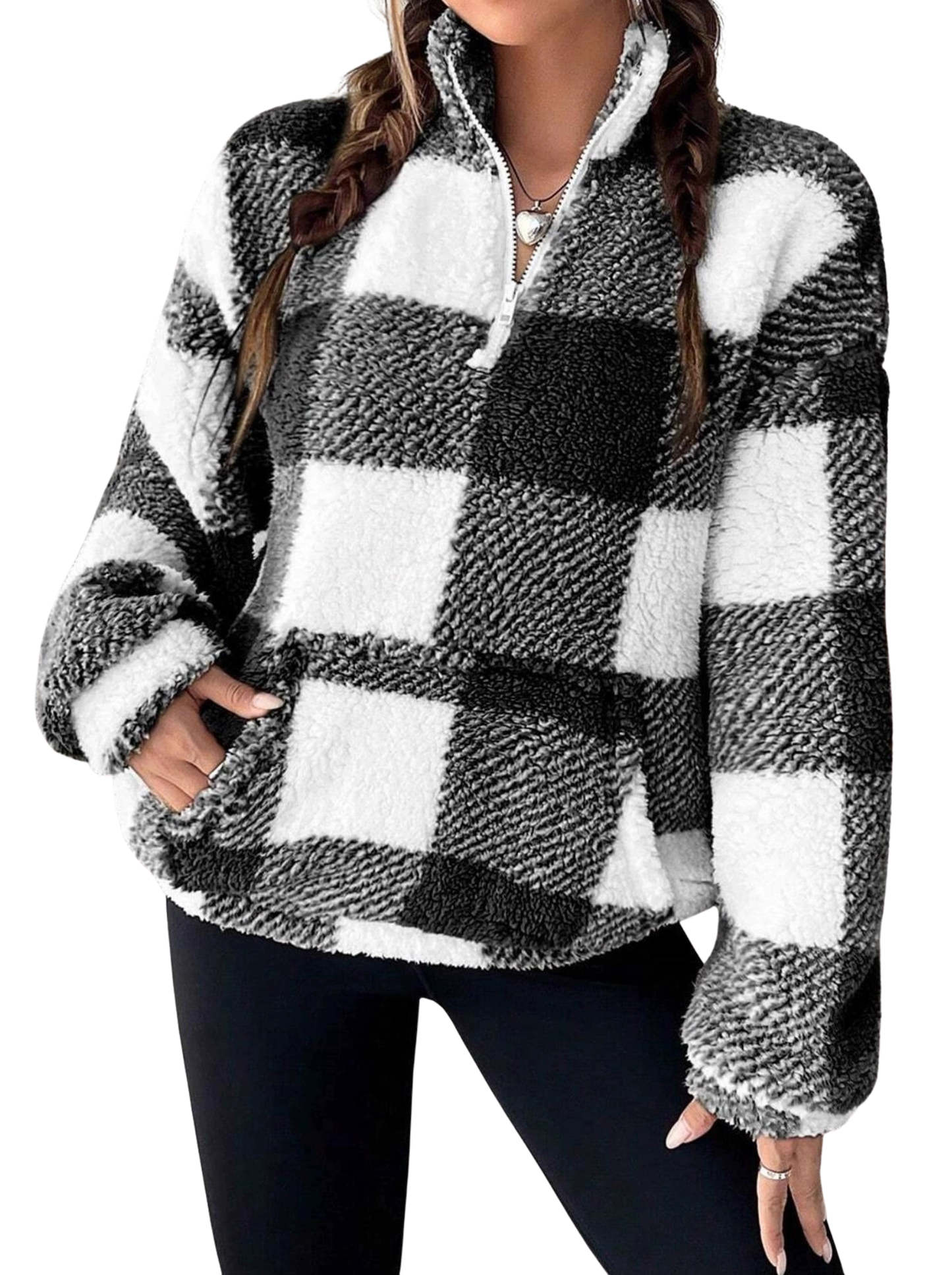 Women's Plaid Half-Zip Pullover in Black – front view | Hensley London