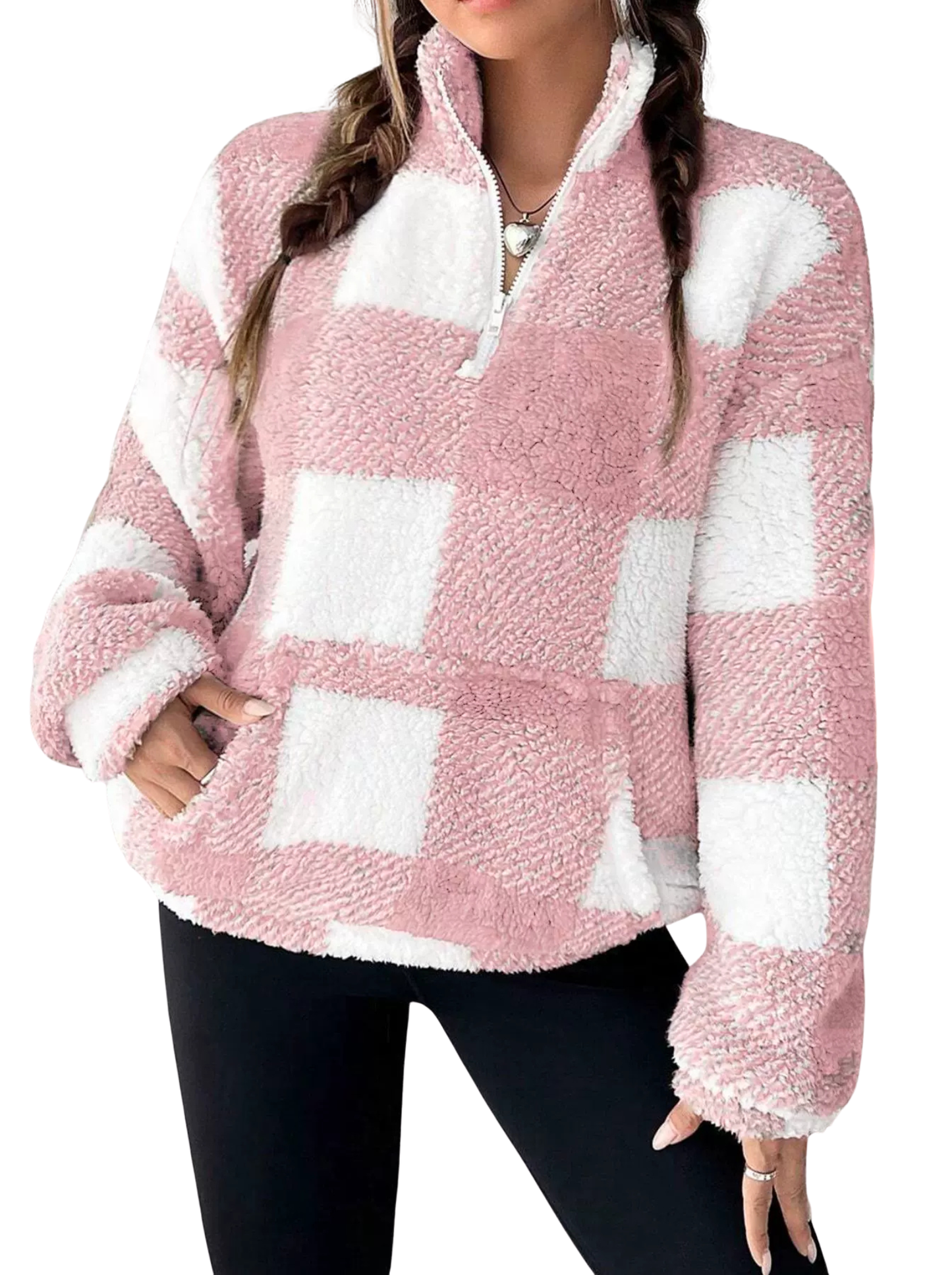 Women's Plaid Half-Zip Pullover in Pink – front view | Hensley London