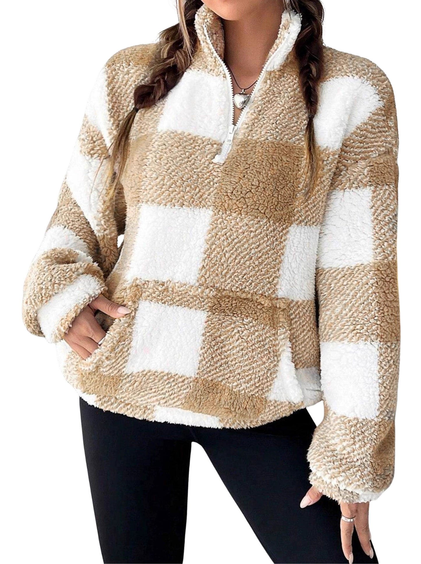 Women's Plaid Half-Zip Pullover in Brown – front view | Hensley London