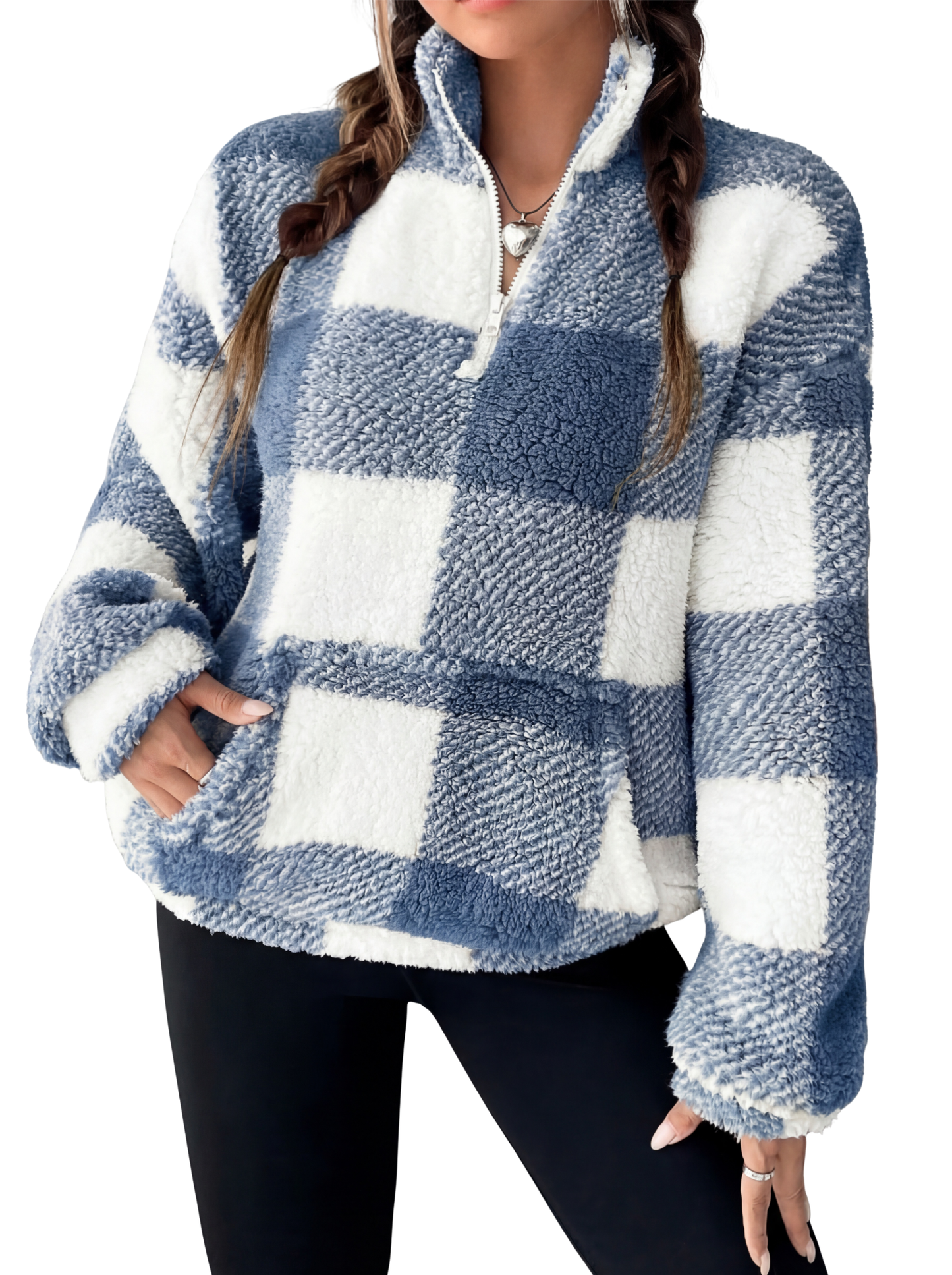 Women's Plaid Half-Zip Pullover in Blue – front view | Hensley London