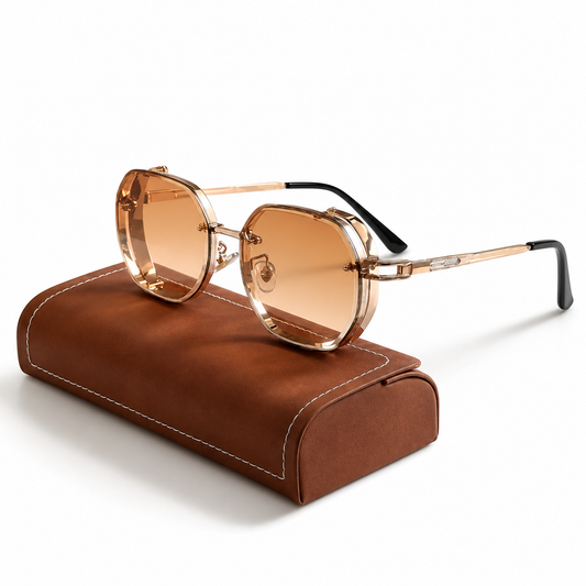 Women's Gold-Tone Metal Round Sunglasses – angled front view | Hensley London